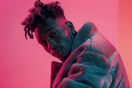 Streetwear Fleece Jacket male dress withNeon pink male background lifestyle Males portrait Fashion photo