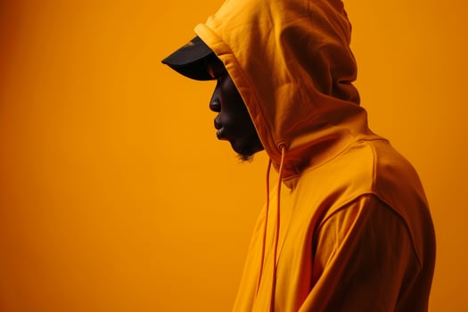 Streetwear Zip Up Jacket Clad Male with Light Gold Background Capturing Lifestyle and Males Fashion portrait Aspects photo
