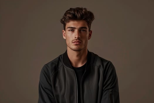 Stylish male fashion model in charcoal zip up jacketmale dress shot withcostume taupe Males background emphasizingfashion and lifestyle photo