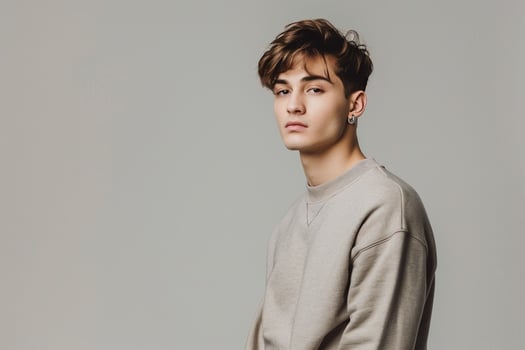 Fashionable male fashion model in a sweatshirtmale dress shot withoutfit Males backgroundemphasizingfashion trends and lifestyle portrait style photo