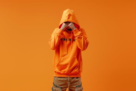 Bright Orange Background with Hoodie Clad Male Lifestyle portrait Featuring Stylish Fashion and Contemporary Trends photo