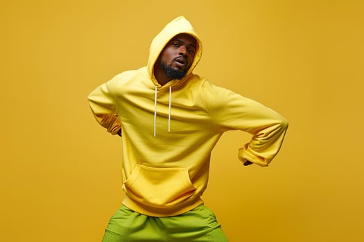 Bright Lime Green Background with Hoodie Clad Male Lifestyle portrait Highlighting Fashionable Trends and Stylish Look photo