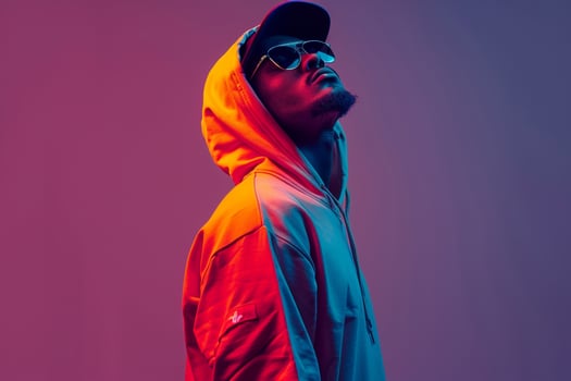 Royal purple Background with Hoodie Clad Male Lifestyle portrait Showcasing Trendy Fashion and Comfortable Wear photo