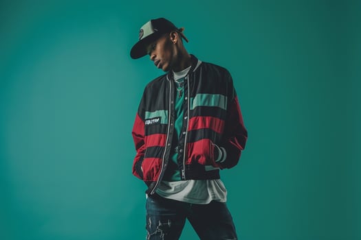 varsity jacketmale dress image with aseafoam green Males backgroundemphasizing lifestyleportraitand fashion features photo