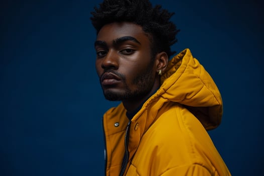 Bright Yellow Fleece Jacket Clad Male with Deep Blue Background Fashion portrait emphasizing Lifestyle photo