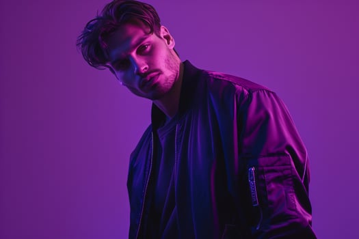 Black Bomber Jacket Clad Male with electric purple Background Fashion portrait emphasizing Bold and Contemporary Style photo