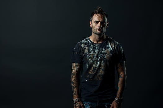 Distressed Graphic Tee Clad Male Fashion portrait with Black Background Featuring Contemporary and Trendy Look photo