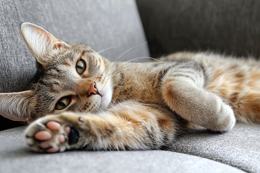 Cute tabby cat lying on grey sofa in living room at home photo