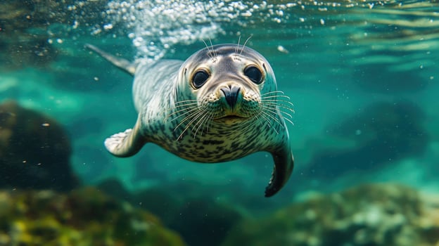 Young harbor seal swimming underwater in blue ocean water photo