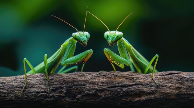 Two green praying mantises are standing on a branch photo