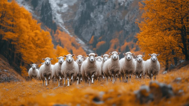 Flock of sheep standing in line on hillside with autumn foliage photo