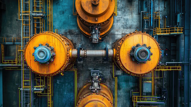 Industrial machinery operating inside factory with cogs turning photo