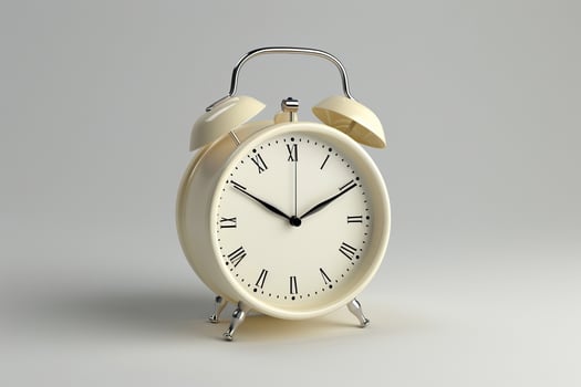 Retro style white alarm clock on white background with empty space. Generated by artificial intelligence photo