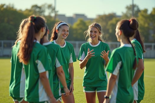 photo of teenage youth soccer player discussing to group at soccer field,
