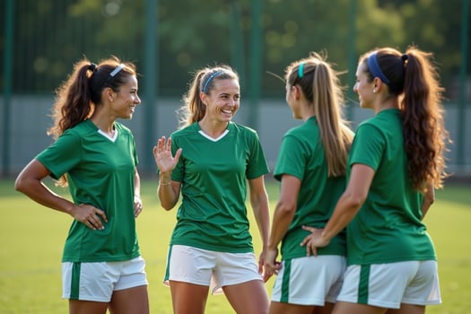 photo of teenage youth soccer player discussing to group at soccer field,