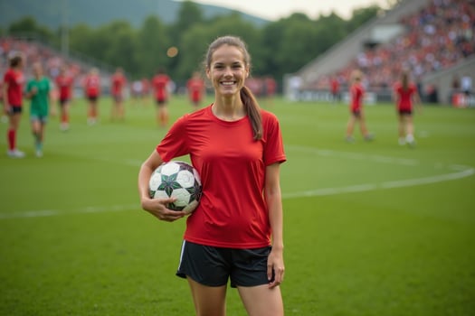 photo of teenage youth soccer player at soccer field,
