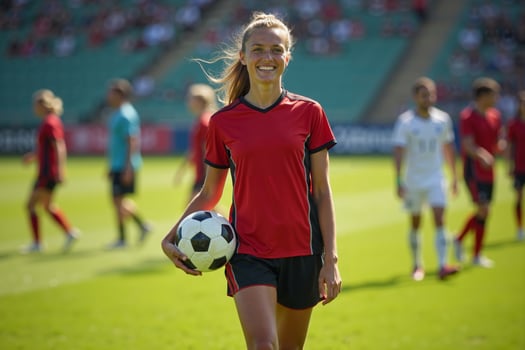 photo of teenage youth soccer player at soccer field,