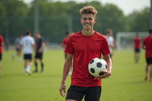 photo of teenage youth soccer player at soccer field,
