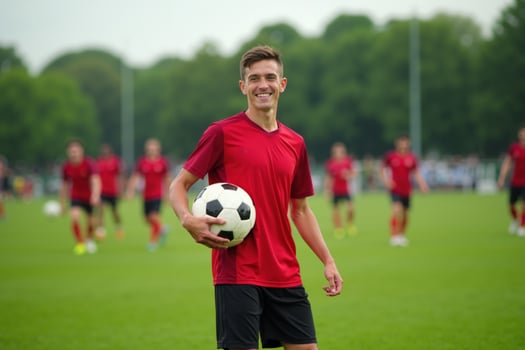 photo of teenage youth soccer player at soccer field,