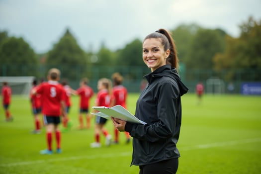 photo of coach instructor trainer teaching teenage player at soccer field,