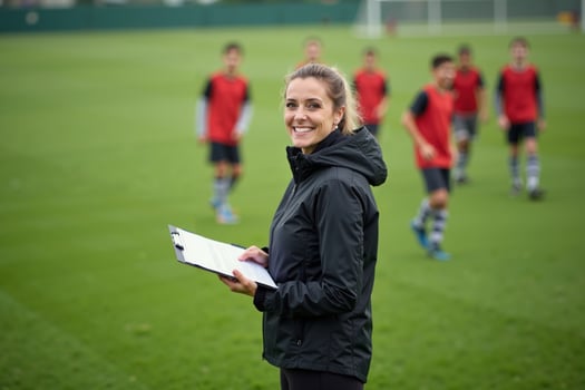 photo of coach instructor trainer teaching teenage player at soccer field,