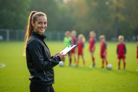 photo of coach instructor trainer teaching teenage player at soccer field,