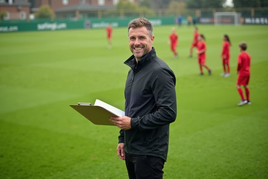 photo of coach instructor trainer teaching teenage player at soccer field,