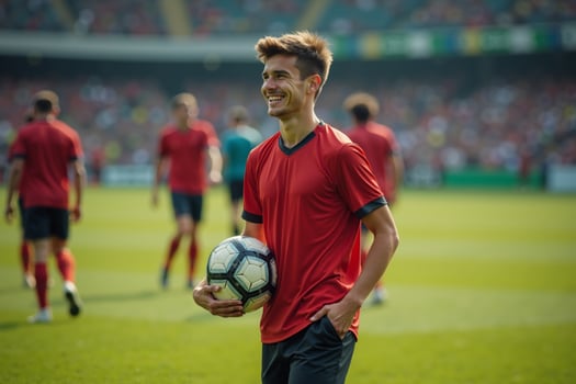 photo of teenage youth soccer player at soccer field,