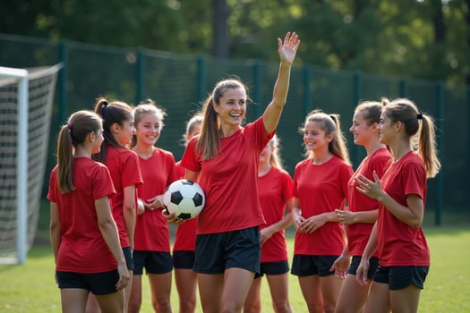photo of coach instructor trainer teaching teenage player at soccer field,