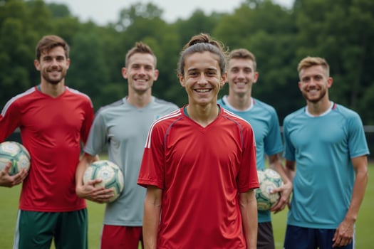 photo of teenage youth soccer player portrait group shot at soccer field,