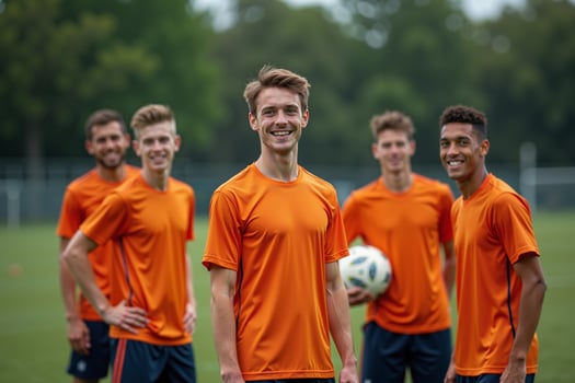 photo of teenage youth soccer player portrait group shot at soccer field,
