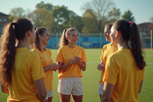 photo of teenage youth soccer player discussing to group at soccer field,