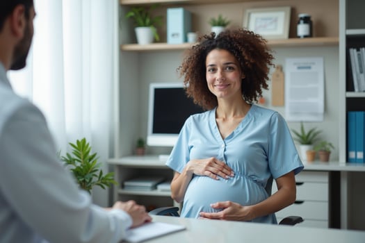 photo of pregnant woman with her doctor happy discussing at room in clinic hospital,