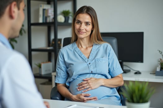 photo of pregnant woman with her doctor happy discussing at room in clinic hospital,