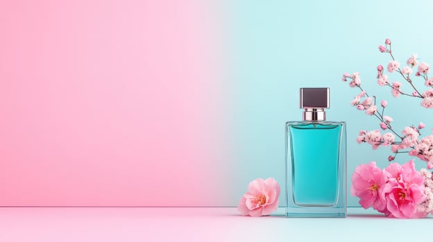 A captivating perfume bottle surrounded by soft pink flowers against a pastel blue and pink backdrop, perfect for beauty imagery. photo