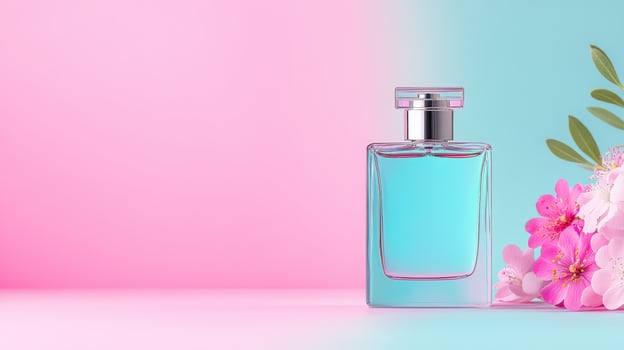 Elegant perfume bottle with floral accents on a vibrant pink and blue backdrop, perfect for beauty and fragrance promotions. photo