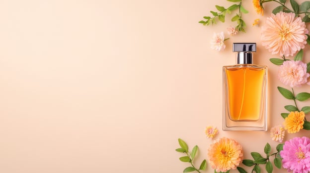 Elegant perfume bottle surrounded by colorful flowers, perfect for beauty and fragrance-related themes. photo