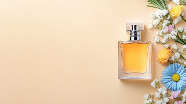 Elegant perfume bottle surrounded by colorful flowers on a soft beige background, perfect for beauty or fragrance promotions. photo