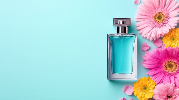 A refreshing blue perfume bottle elegantly surrounded by vibrant flowers against a soft turquoise background. photo