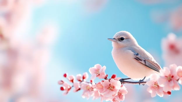 A delicate bird perched on a blooming cherry blossom branch, capturing the essence of spring against a soft, serene background. photo