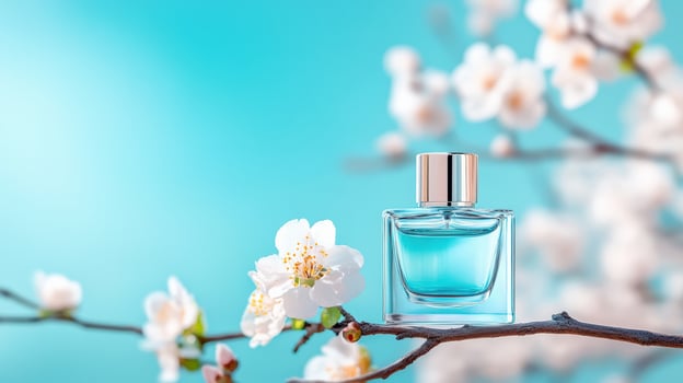 Elegant perfume bottle with a serene blue hue, surrounded by delicate blossoms, perfect for beauty and fragrance themes. photo