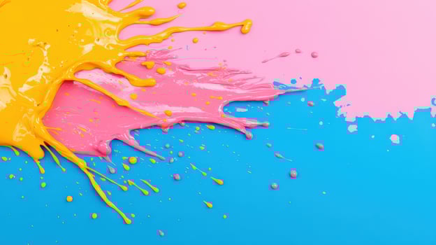 Vibrant paint splash in yellow, pink, and blue on a textured background, perfect for creative and artistic projects. photo
