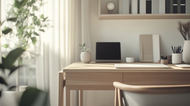 a portrait close-up photo focusing on traditional Japanese furniture in house, living room and plant pots and similar elements that capture the essence of Wabi-Sabi
