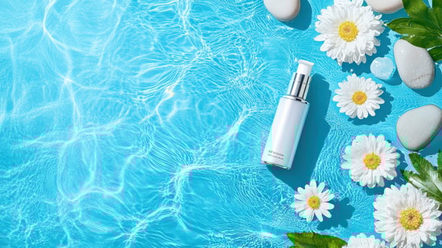 A tranquil scene featuring a skincare bottle surrounded by flowers and stones, ideal for promoting beauty and relaxation. photo