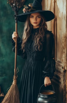 A stunning woman dressed as a witch holding a broom, standing beside a bubbling cauldron photo