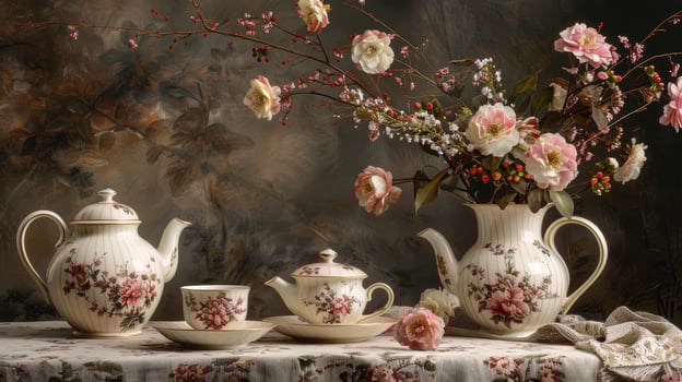 Elegant still life of floral ceramic tea set photo