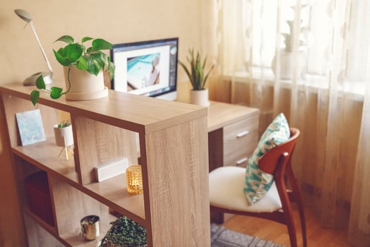 Cozy bright room with large window and workplace nearby. photo