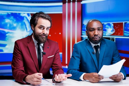 Breakfast show reporters on tv network, delivering important newscast with events worldwide. Diverse presenters using headlines to provide exclusive television content, media host. photo