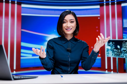 Asian journalist on daily reportage in studio, talking about latest global incidents on live broadcast transmission. Woman presenter creating television content by reading headlines. photo