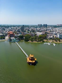 Aerial View Kaohsiung Dragon Sculpture and Bridge to Spring and Autumn Pavilion photo